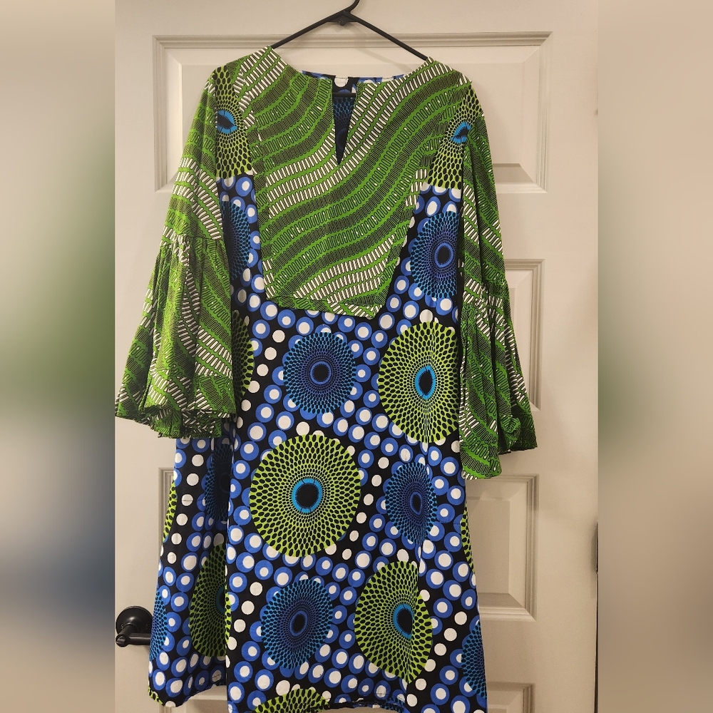 Vibrant Green and Blue Patterned Dress Made In Ghana.
